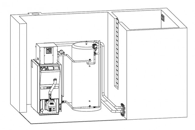 Prostor kotelny  s kotlem DxxPX  a zásobníkem  s vícebodovým nasáváním pelet pneumatickou dopravou ATMOS APS 250 SPX(2)